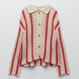 Zara Crochet Cardigan, buttons, beige/ red, striped, NWOT, M